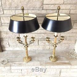Set of 2 Vintage French Gilt Bronze & Tole Bouillotte Table Lamps Metal Shades