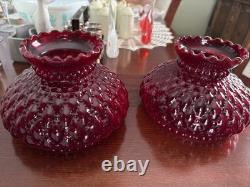 Set of 2 Vintage Ruby Red Hurricane Lamp Shades Diamond Quilt CADMIUM UV GLOW