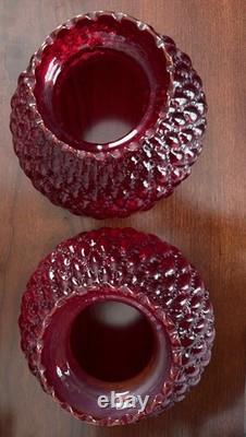 Set of 2 Vintage Ruby Red Hurricane Lamp Shades Diamond Quilt CADMIUM UV GLOW
