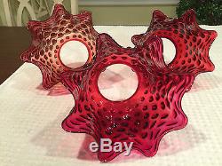 Set of 3 Vintage/Antique CRANBERRY RUBY RED GLASS HOBNAIL RUFFLED LAMP SHADES