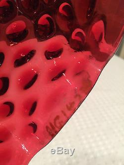 Set of 3 Vintage/Antique CRANBERRY RUBY RED GLASS HOBNAIL RUFFLED LAMP SHADES