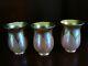 Set Of 3 Vintage Quezal Art Glass Iridescent Pulled Feather Lamp Shades Signed