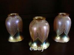 Set of 3 Vintage Quezal Art Glass Iridescent Pulled Feather Lamp Shades Signed