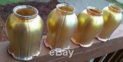 Set of 4 Signed Vintage Gold Aurene Ribbed Art Glass Lamp Shades 2 1/4 Fitter