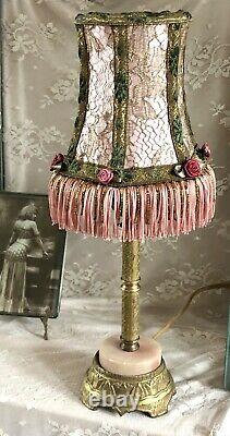 Shabby Chic Fringe Lamp Shade & Art Deco Boudoir Base HAND SEWN Antique Vintage