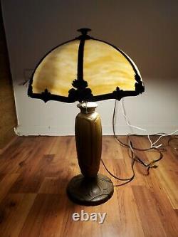 Signed Antique Bradley Hubbard Arts & Crafts Slag Glass Lamp 3 Socket 16 shade