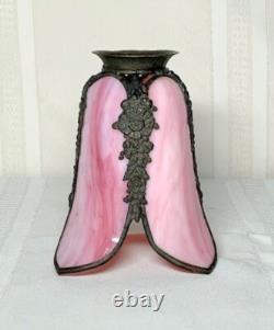 Slag Glass, Bent Panel Tulip Shade, Handel Era, Channel Brass Wrapped, Htf Color