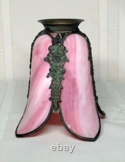 Slag Glass, Bent Panel Tulip Shade, Handel Era, Channel Brass Wrapped, Htf Color