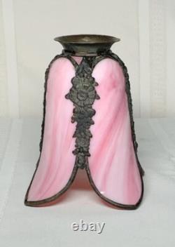 Slag Glass, Bent Panel Tulip Shade, Handel Era, Channel Brass Wrapped, Htf Color