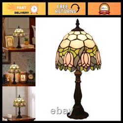 Stained Glass Table Lamp, Pink Tulip Design, 8 Antique Nightstand Light with LE