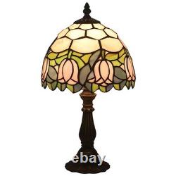 Stained Glass Table Lamp, Pink Tulip Design, 8 Antique Nightstand Light with LE