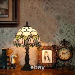 Stained Glass Table Lamp, Pink Tulip Design, 8 Antique Nightstand Light with LE