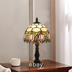 Stained Glass Table Lamp, Pink Tulip Design, 8 Antique Nightstand Light with LE