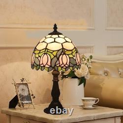 Stained Glass Table Lamp, Pink Tulip Design, 8 Antique Nightstand Light with LE