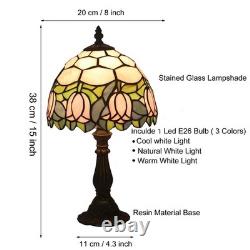 Stained Glass Table Lamp, Pink Tulip Design, 8 Antique Nightstand Light with LE
