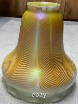 Steuben Glass Lamp Shade Gold Aurene and Opal Pulled Feather Signed Fleur-de-lis