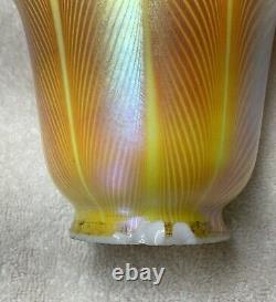 Steuben Glass Lamp Shade Gold Aurene and Opal Pulled Feather Signed Fleur-de-lis