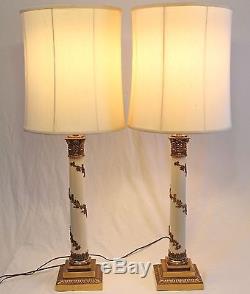 Stiffel Neoclassical Column Brass Table Lamps Pair Vintage Drum Shades Torchiere