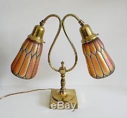 Student vintage desk or table lamp two art glass shades FREE SHIPPING