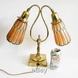 Student vintage desk or table lamp two art glass shades FREE SHIPPING