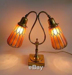 Student vintage desk or table lamp two art glass shades FREE SHIPPING