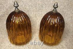 Stunning Vintage MID Century MCM Retro Amber Glass Globe Shades Brass Acorn