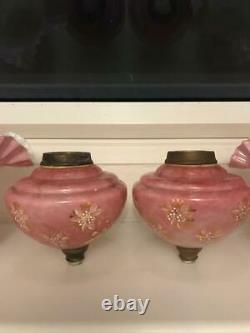 Stunning set /pair antique Victorian Cranberry 4 duplex oil lamp shade +font