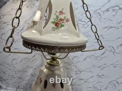 Swag Porcelain HANGING pendant light Floral HURRICANE SHADE W CHAIN GWTW VTG