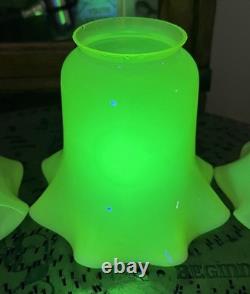 THREE Antique Art Nouveau VASELINE URANIUM Glass Electric Shades 2-1/4 Fitter