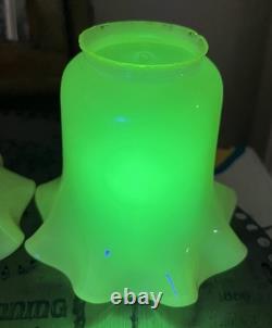 THREE Antique Art Nouveau VASELINE URANIUM Glass Electric Shades 2-1/4 Fitter