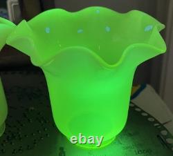 THREE Antique Art Nouveau VASELINE URANIUM Glass Electric Shades 2-1/4 Fitter