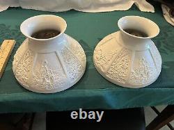 TWO / 2 RARE Antique Victorian Kerosene Oil LITHOPHANE Student Lamp Shades