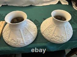 TWO / 2 RARE Antique Victorian Kerosene Oil LITHOPHANE Student Lamp Shades