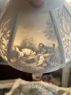 TWO / 2 RARE Antique Victorian Kerosene Oil LITHOPHANE Student Lamp Shades