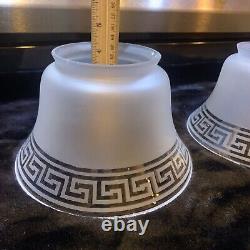 TWO GORGEOUS 4 1/4 Tall Vintage Greek Key Satin Glass Lamp Shades. Love These