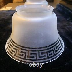 TWO GORGEOUS 4 1/4 Tall Vintage Greek Key Satin Glass Lamp Shades. Love These