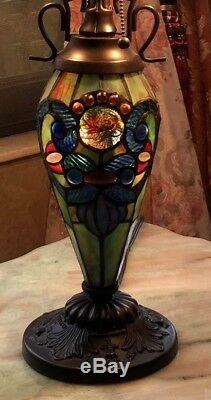 Table Lamp Stained Glass Shade Double Lit Base Tiffany Vintage Style