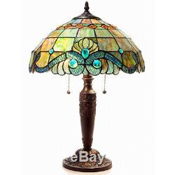 Table Lamp Vintage Tiffany Style Green Stained Glass Shade Bronze Finish 25 H