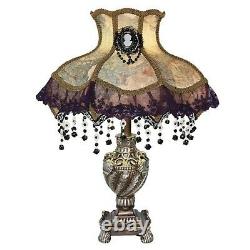 Table Lamp Vintage Victorian Style Scalloped Beaded Fabric Shade Cameo Brooch