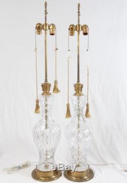 Tall Cut Glass Vase Table Lamps Pair Vintage Silk Shades Hollywood Regency