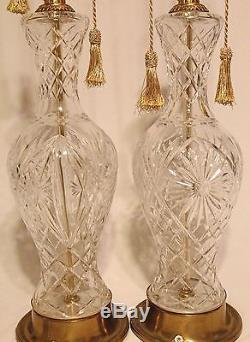 Tall Cut Glass Vase Table Lamps Pair Vintage Silk Shades Hollywood Regency
