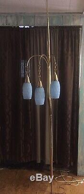 Tension Pole Lamp Blue Glass Shades Vtg Mcm
