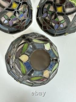 Tiffany-Style Hyacinth Lamp Shades Stained Glass Vtg Floral Mosaic Set Of 3