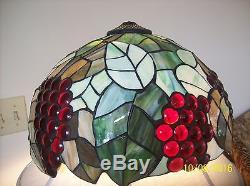 Tiffany Style Large Vintage Stained Glass Red Grape & Leaf Design