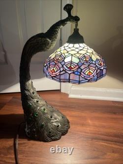 Tiffany Style Peacock Lamp Stained Glass Shade Jeweled Tail Vintage READ
