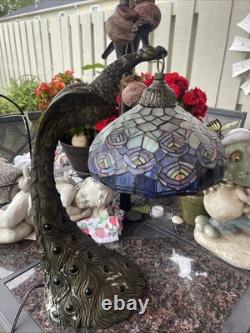 Tiffany Style Peacock Lamp Stained Glass Shade Jeweled Tail Vintage READ
