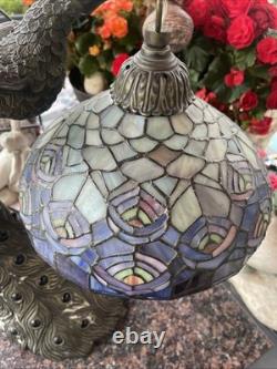 Tiffany Style Peacock Lamp Stained Glass Shade Jeweled Tail Vintage READ