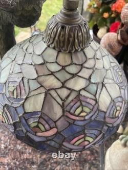 Tiffany Style Peacock Lamp Stained Glass Shade Jeweled Tail Vintage READ