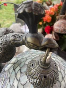 Tiffany Style Peacock Lamp Stained Glass Shade Jeweled Tail Vintage READ
