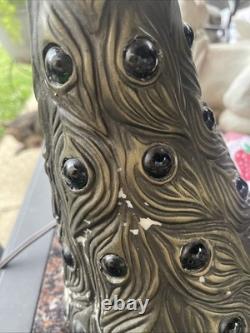 Tiffany Style Peacock Lamp Stained Glass Shade Jeweled Tail Vintage READ